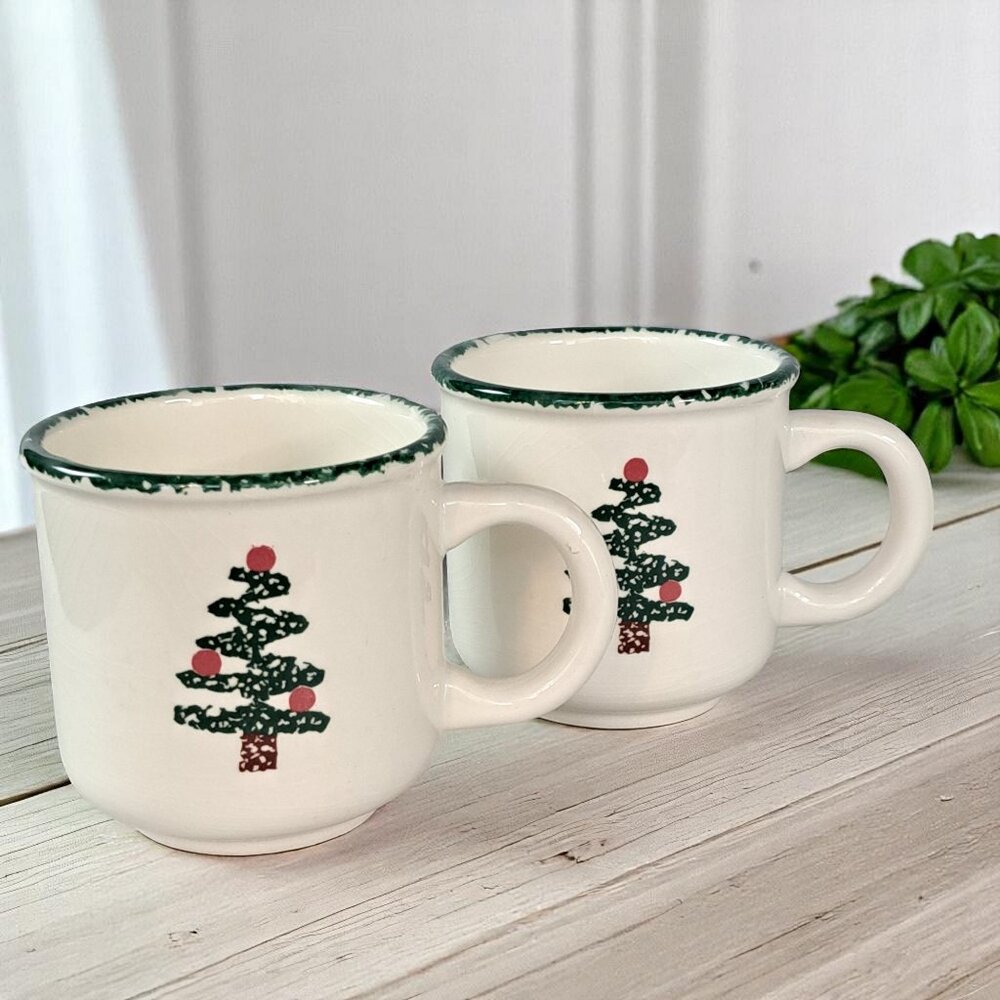 Furio Holiday Coffee Mugs Green Sponge Christmas Tree Italy Set/2 Vintage